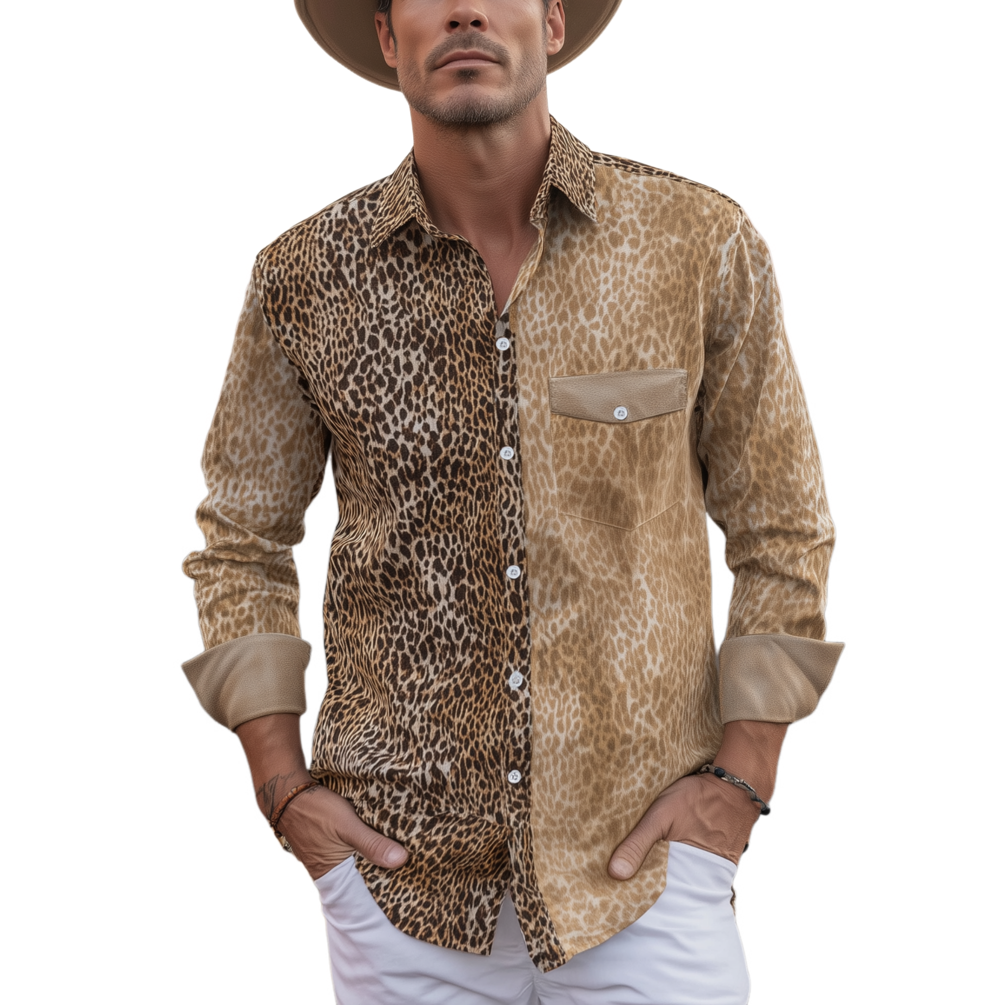 Men's Classic Retro Western Style Cuffs Suede Patchwork Leopard Print Cotton Blend Long Sleeve Shirt MTA2231H4K
