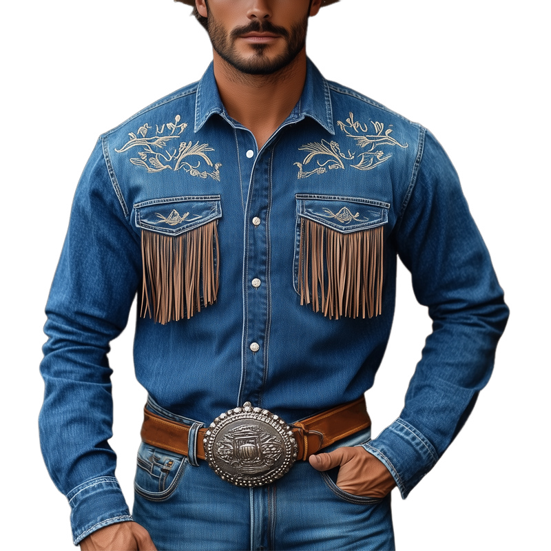 Men's Vintage Dark Blue Embroidered Tassel Western Denim Shirt 10512468U