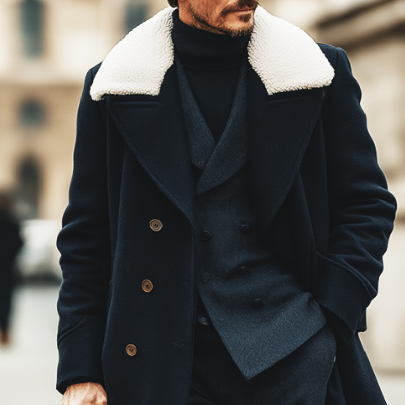 Men's Retro Casual British Style Fur Collar Long Coat MTA2551I0TO