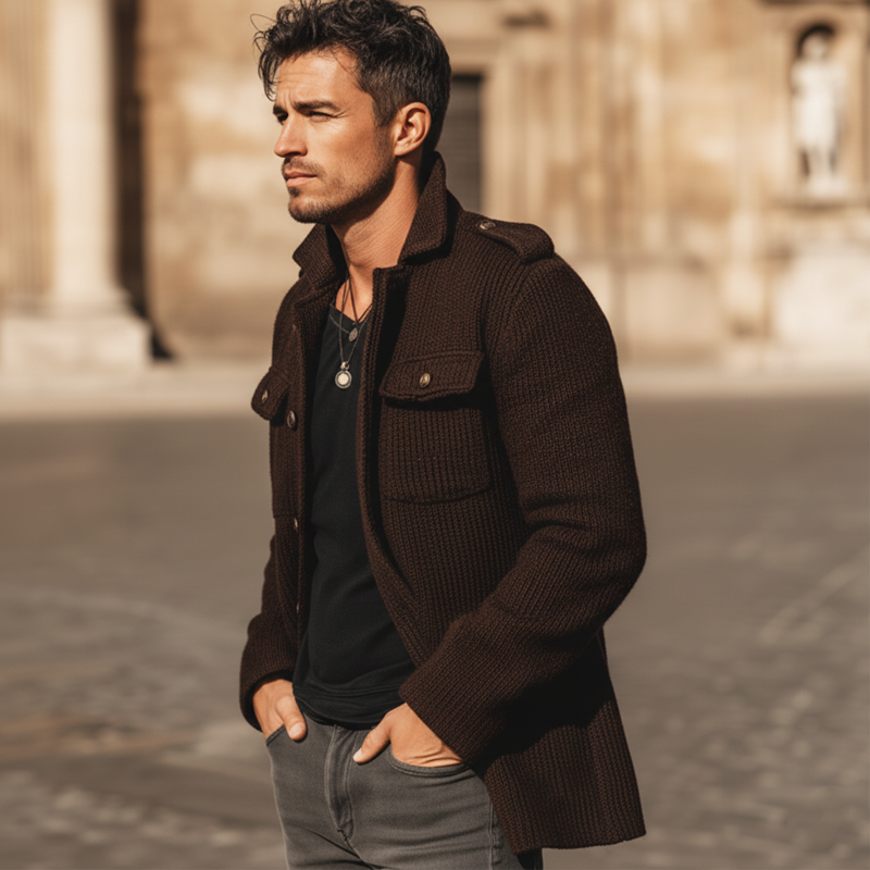 Men's Urban Chocolate-Colored Knitted Short Coat MTA1765K7U