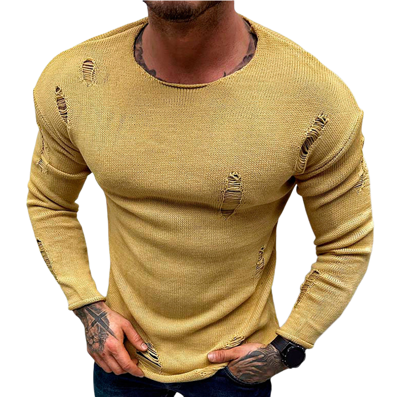 Men's Casual Fashion Round Neck Sexy Ripped Knitted Long sleeve T-shirt 08113292K