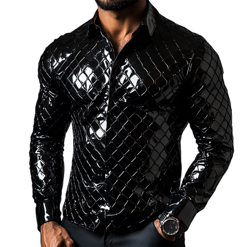 Men's Slim Fit Solid Plaid Shiny Long Sleeve Leather Shirt 88362010U