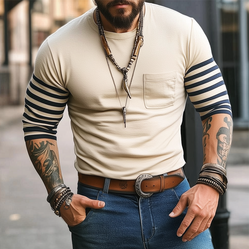 Men's Classic Striped Crew Neck Cotton Long Sleeve T-Shirt MTA3043G0U