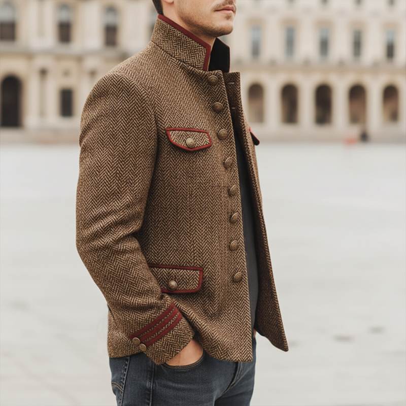 Men's Retro Stand Collar Multi-Button Herringbone Faux Wool Jacket MTA1419K1U