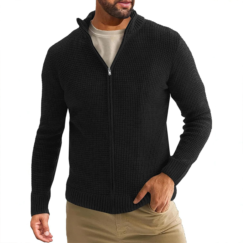 Men's Casual Solid Color Stand Collar Zipper Knit Cardigan MTA0459H5X