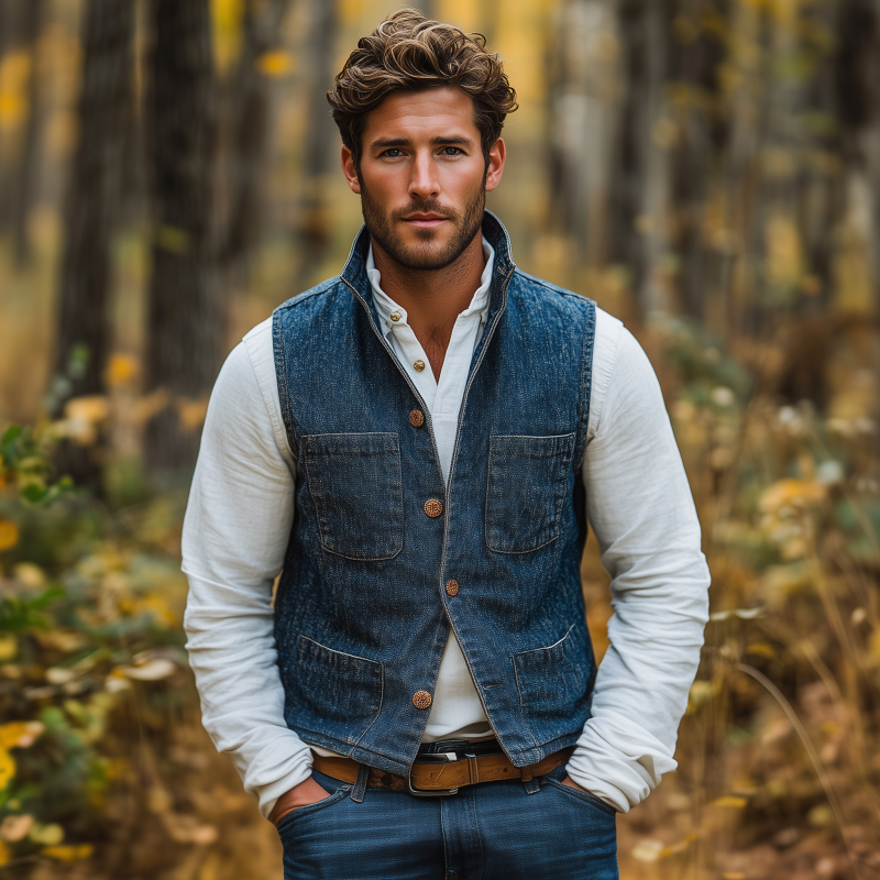 Men's Vintage Washed Stand Collar Single Breasted Multi-Pocket Slim Fit Denim Vest MTA2112G9M