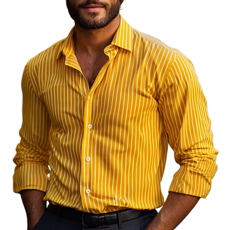 Men's Yellow Striped Lapel Long Sleeve Shirt 33587996F