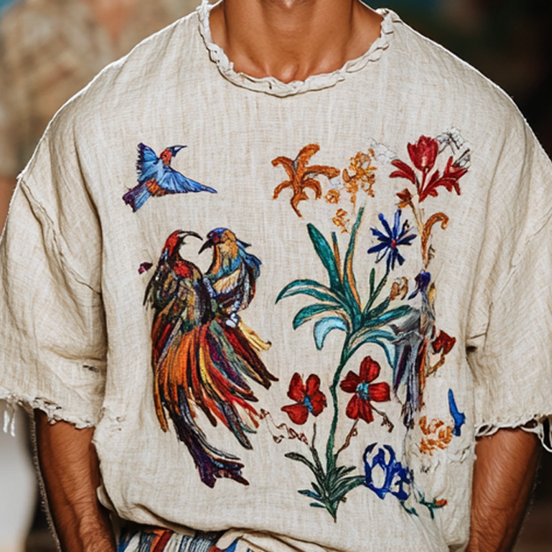Men's Fashion Embroidered Round Neck Short Sleeve Cotton And Linen T-shirt MTA1478E7Z