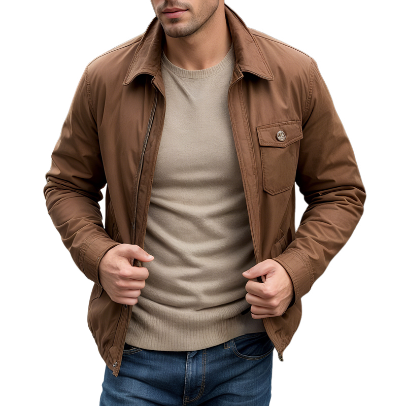 Men's Solid Color Cotton Lapel Chest Pocket Zipper Jacket MTA1289I3Z