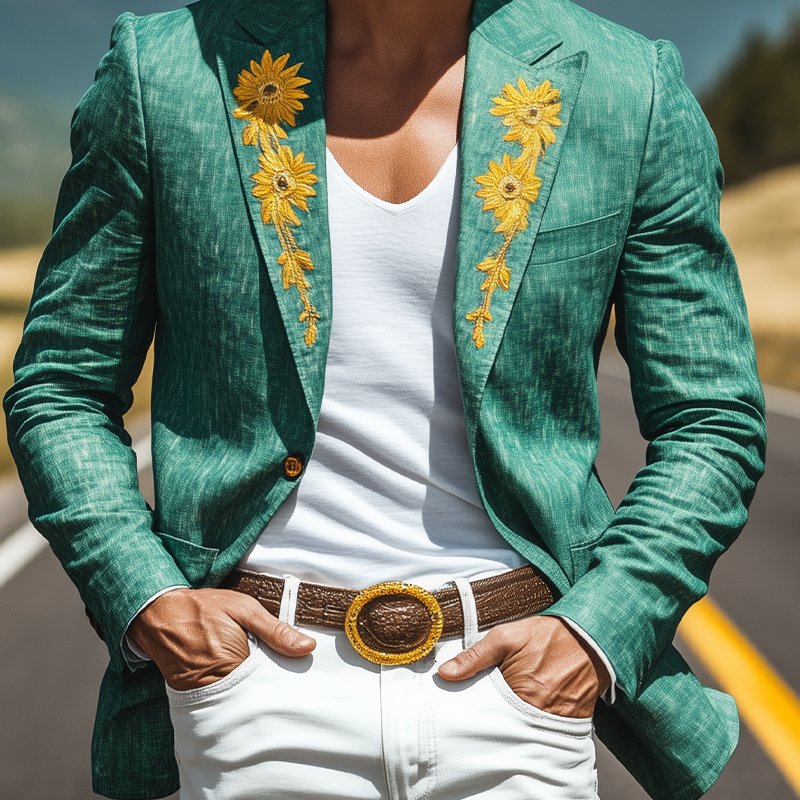 Men’s Spring and Summer Thin Fashion Casual American Retro Western Tough Style Cotton And Linen Texture Embroidery Slim Fit Single-breasted Blazer MTA1603F8K