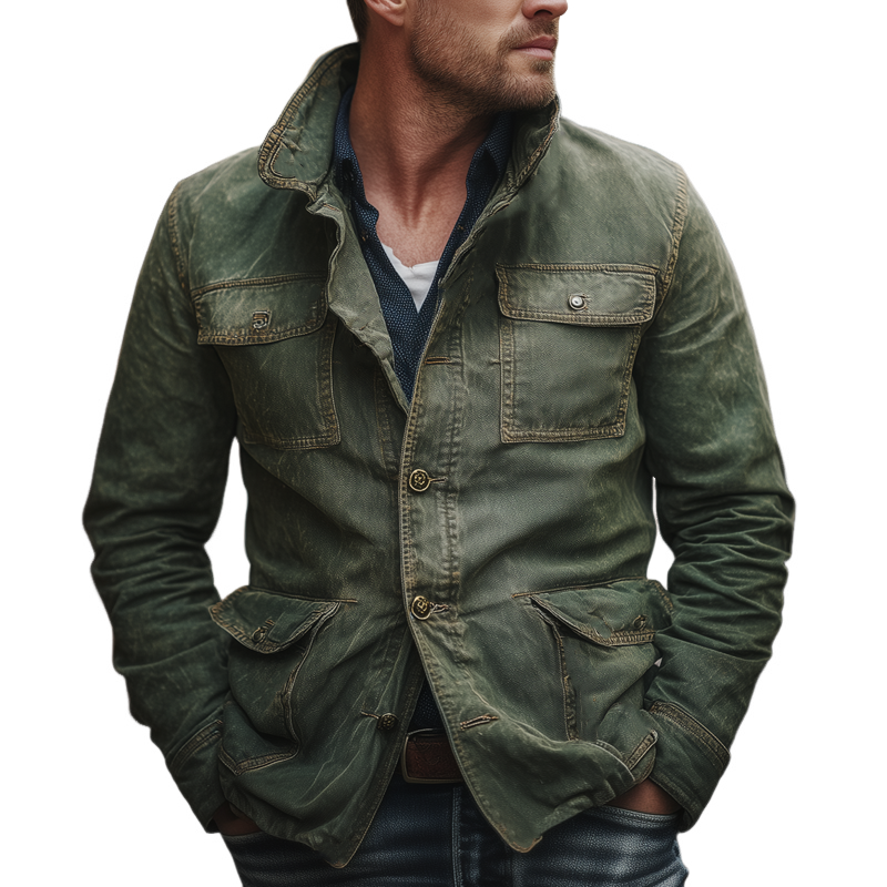 Men's Vintage Multi-Pocket Single-Breasted Lapel Denim Jacket MTA1396H7X
