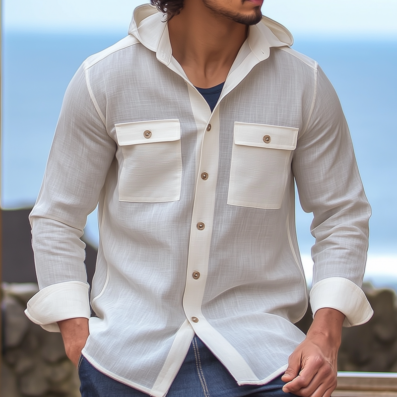 Men's Casual Solid Color Breathable Linen Chest Pocket Hooded Loose Long Sleeve Shirt MTA1501G4M