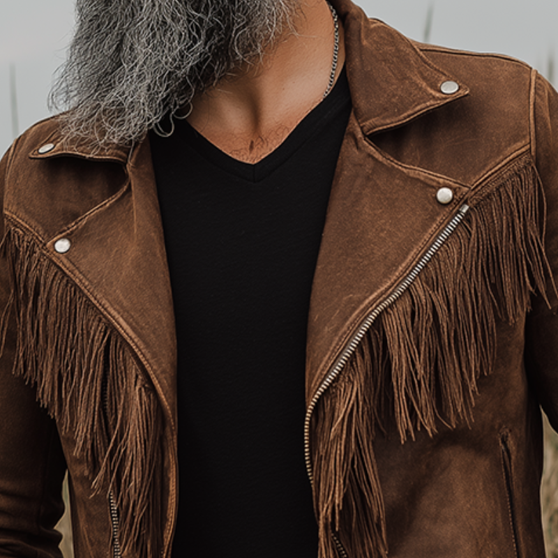Men's Retro Casual Western Style Suede Tassel Zipper Biker Jacket  MTA2830H9TO
