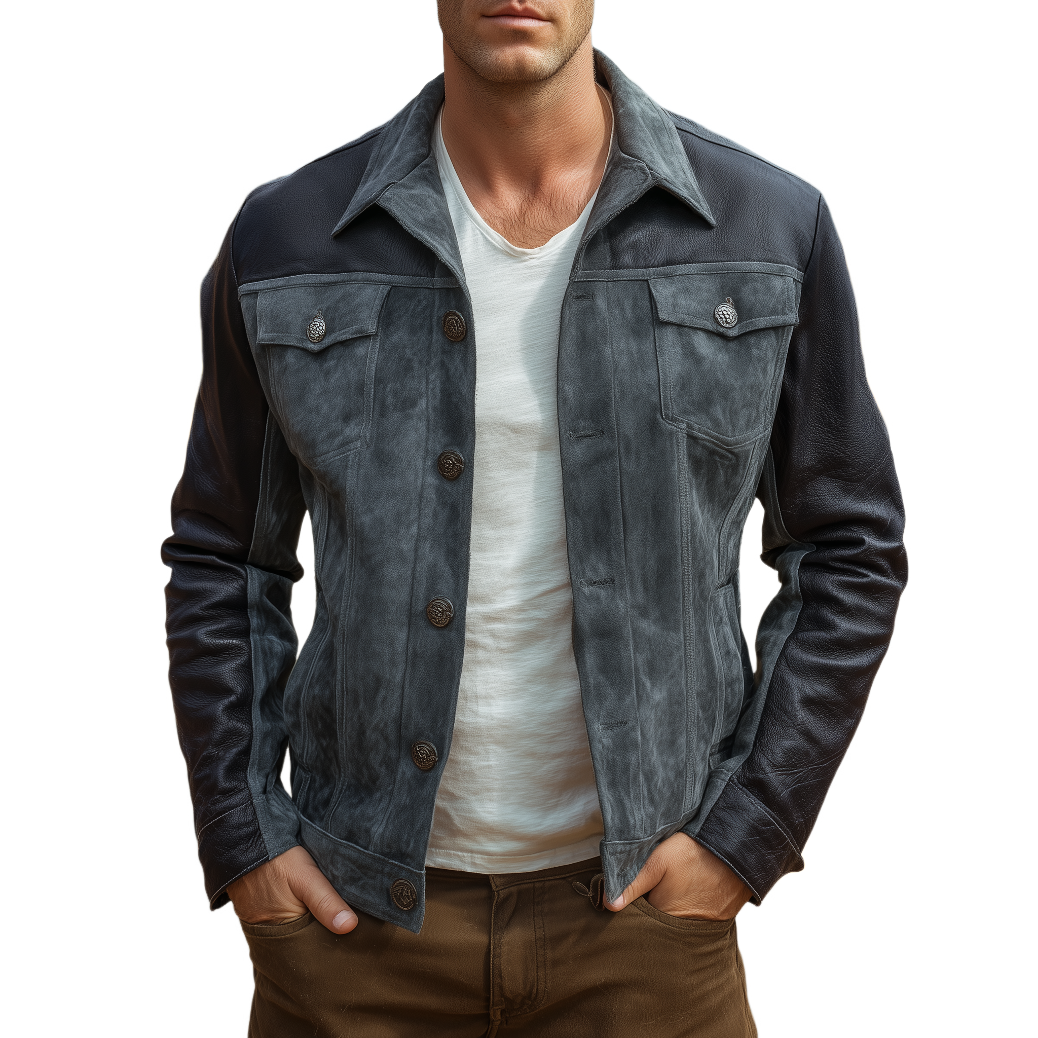Men's Classic Retro Pu Leather Sleeves Lapel Suede Multi-pocket Jacket MTA2956H4K
