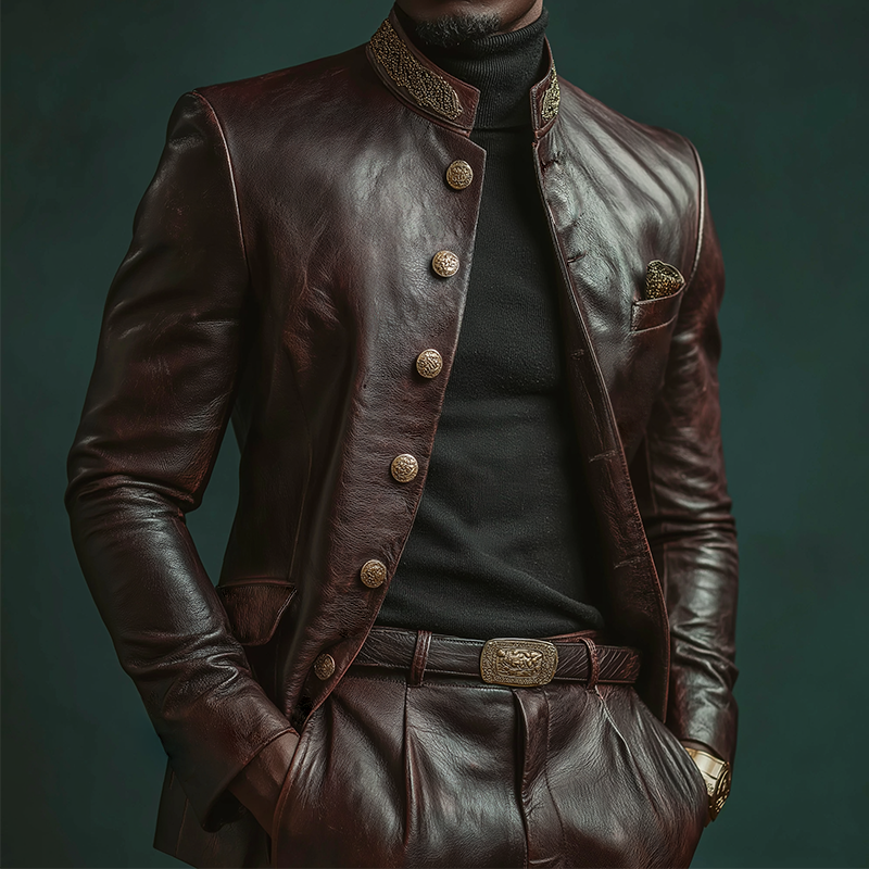 Men's Retro Casual PU Embroidered Stand Collar Leather Jacket MTA2763K0TO