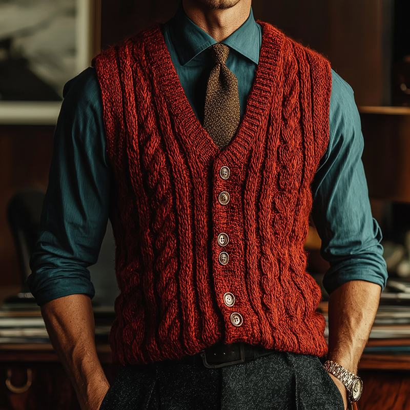 Men's Retro Casual Knitted Cable-Pattern Sweater Vest MTA1878I4TO
