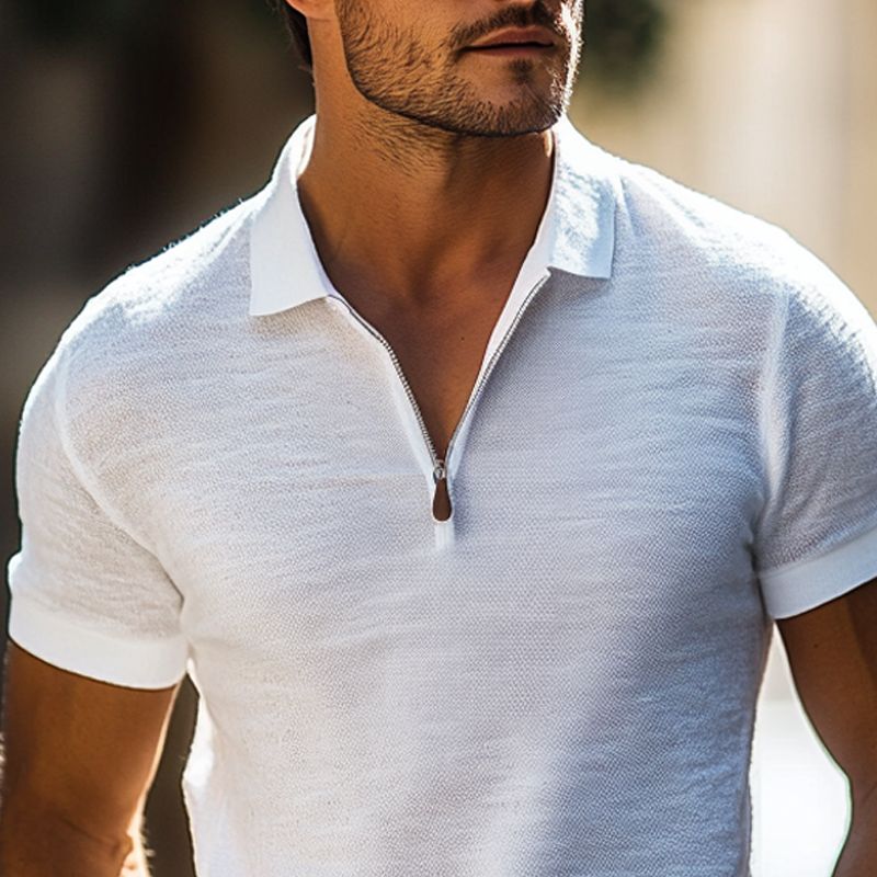 Men's Fashion Solid Zipper Lapel Short Sleeve Polo Shirt MTA1560E9Z