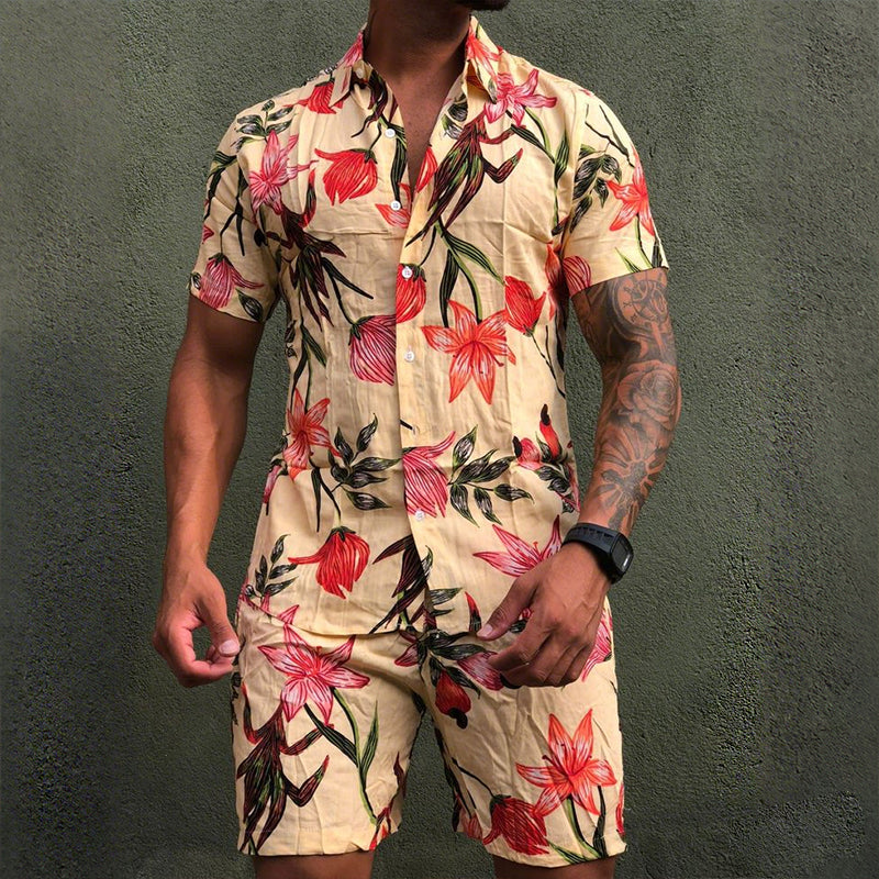 Men's Retro Casual Hawaiian Floral Print Lapel Short Sleeve Shirt Shorts Two-Piece Set MTA0666E5TO
