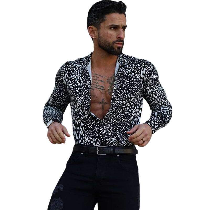 Men's Casual Loose Black and White Printed Long Sleeve Shirt 16077966U