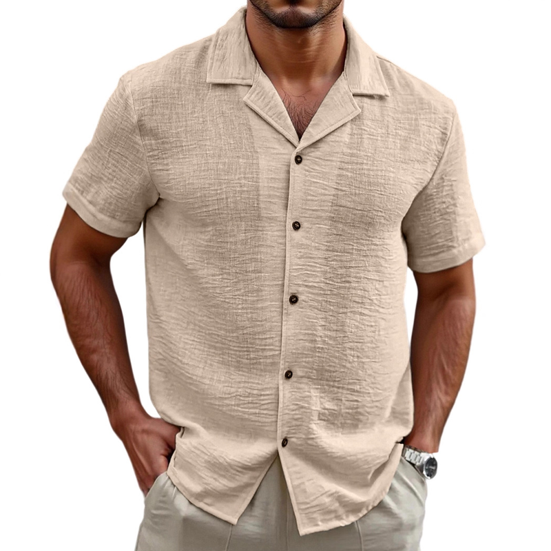 Men's Holiday Casual Cotton And Linen Solid Color Short-sleeved Shirt MTA1635G4X