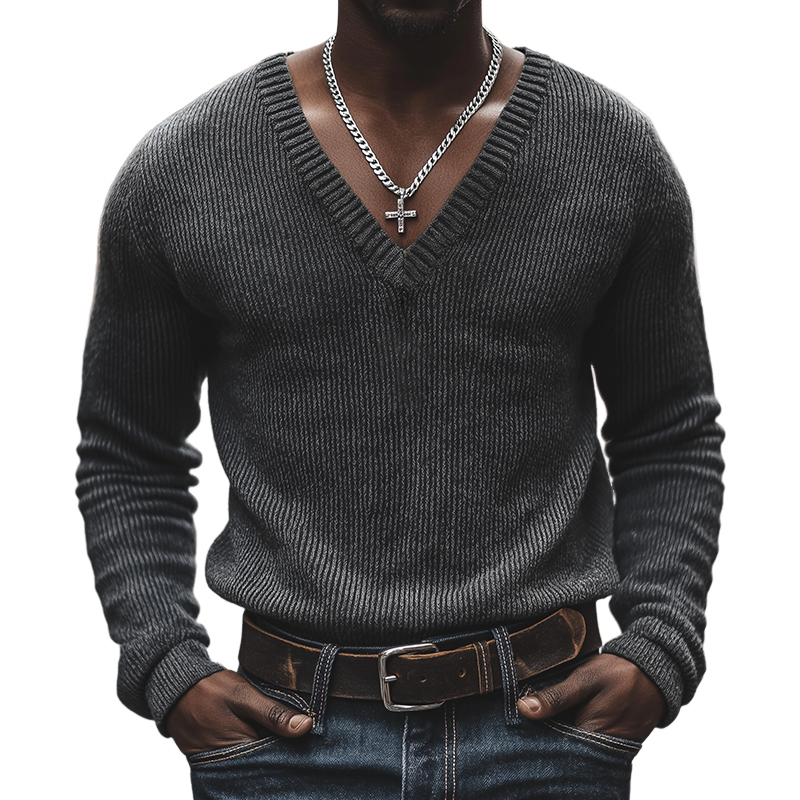 Men's Retro Casual Knitted V-Neck Sweater MTA2631L8TO