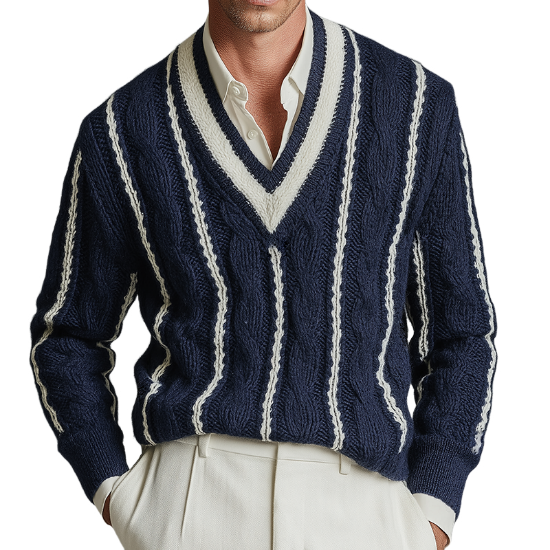 Men's Retro Casual British College Style Knitted V-neck Sweater MTA1835I9TO