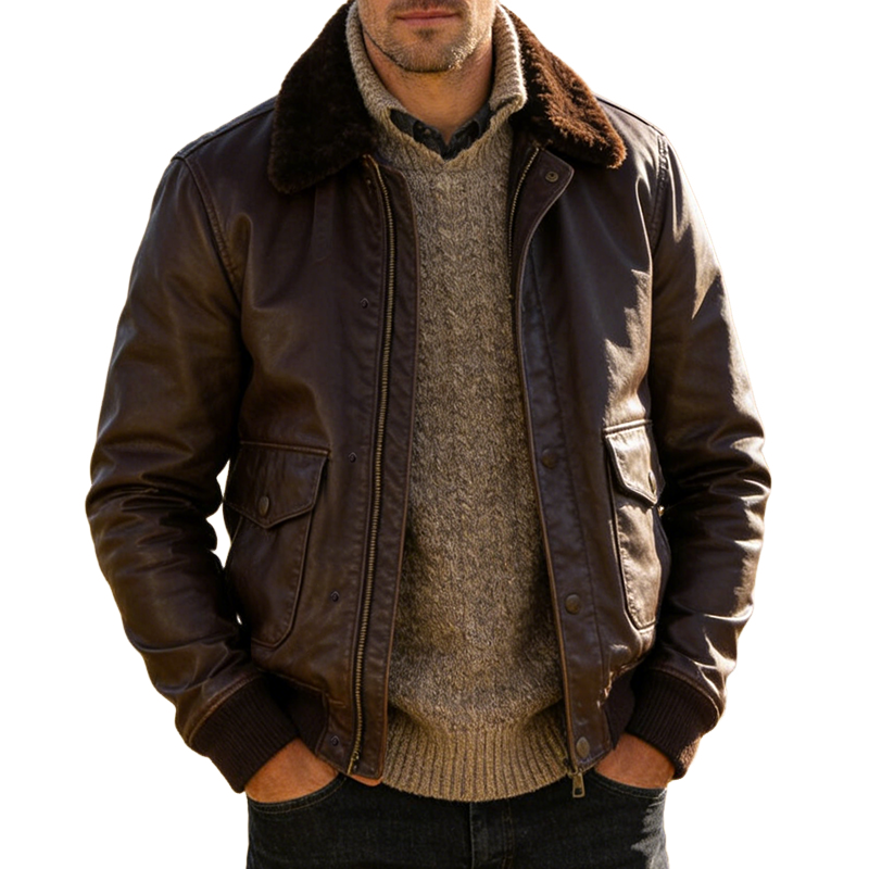 Men's Retro Casual PU Lapel Zipper Jacket  MTA1242L9TO