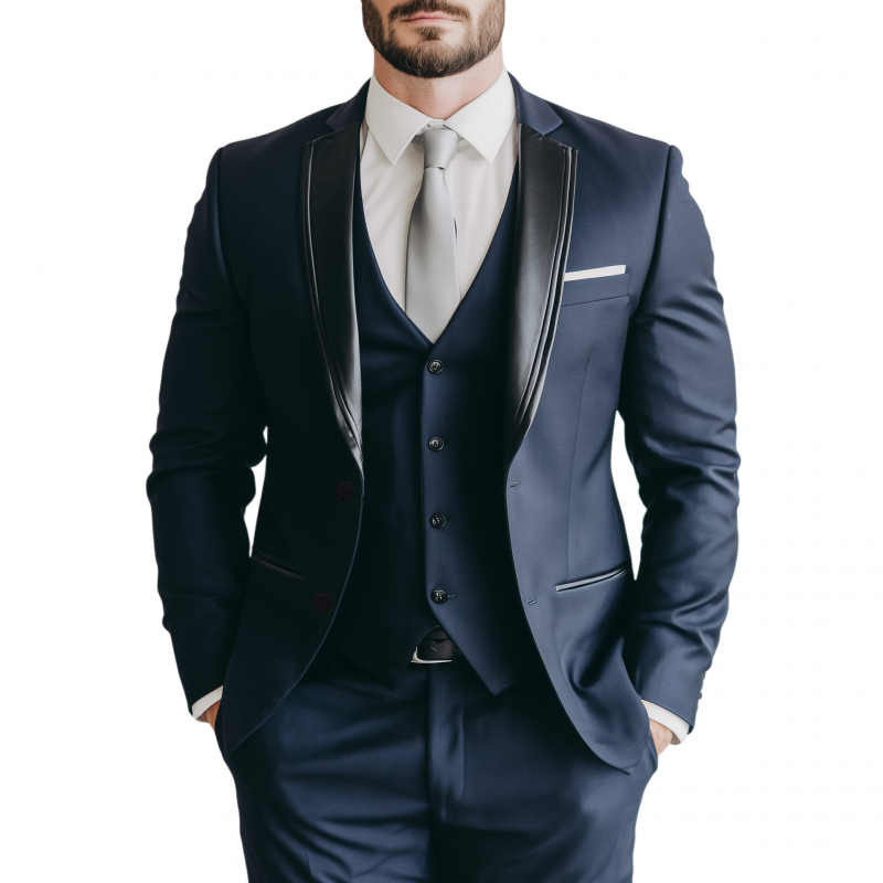 Men's Fashionable Cotton Blend Patchwork PU Notch Lapel Single-breasted Slim-fit Suit Blazer MTA0653H4M