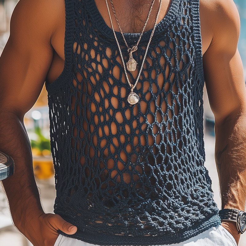Men's Summer Fashion Casual U-neck Knitted Crochet Hollow Tank Top MTA2608F9K