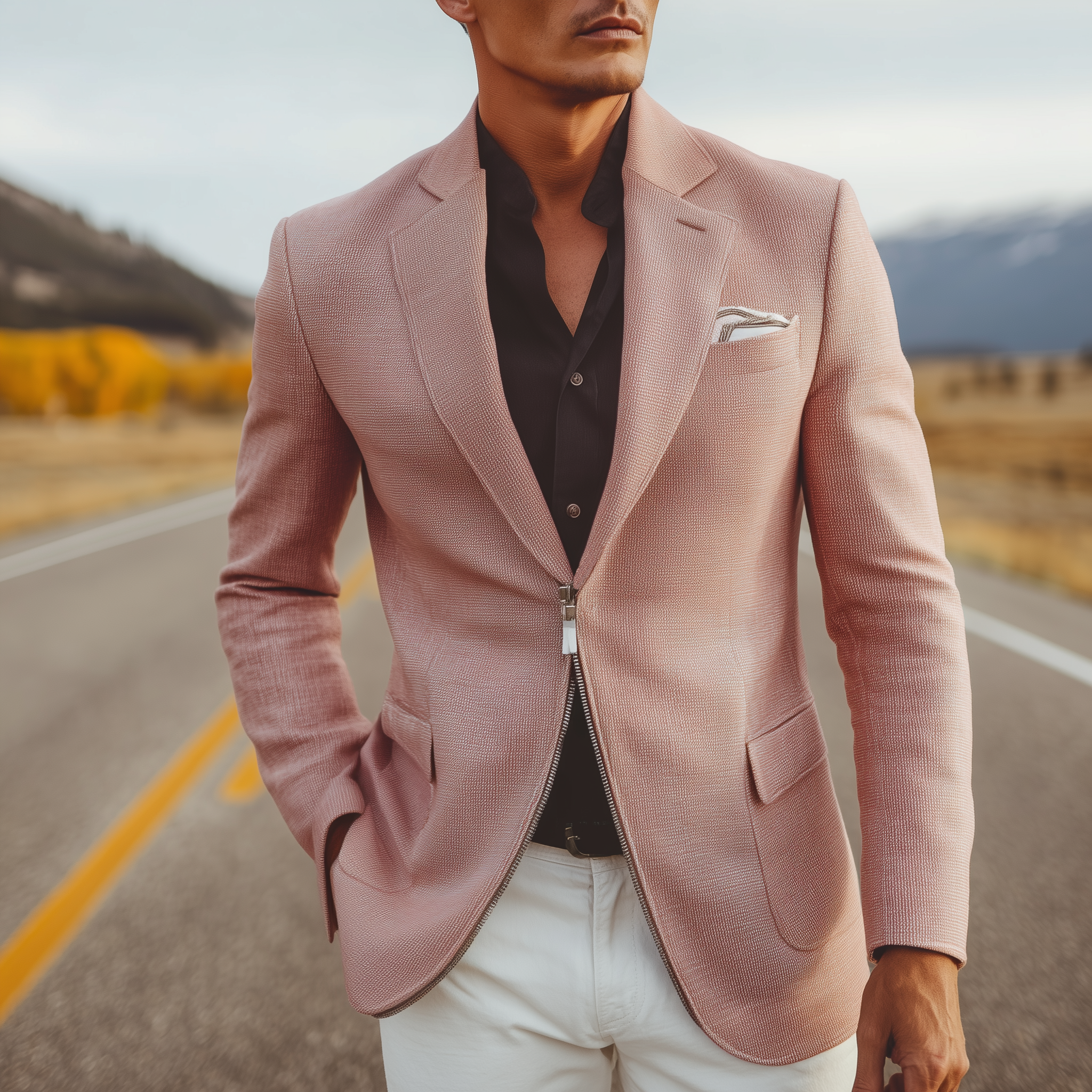 Men's Classic Casual Cotton Blend Textured Fabric Zipper Placket Slim Fit Blazer MTA2651H8K