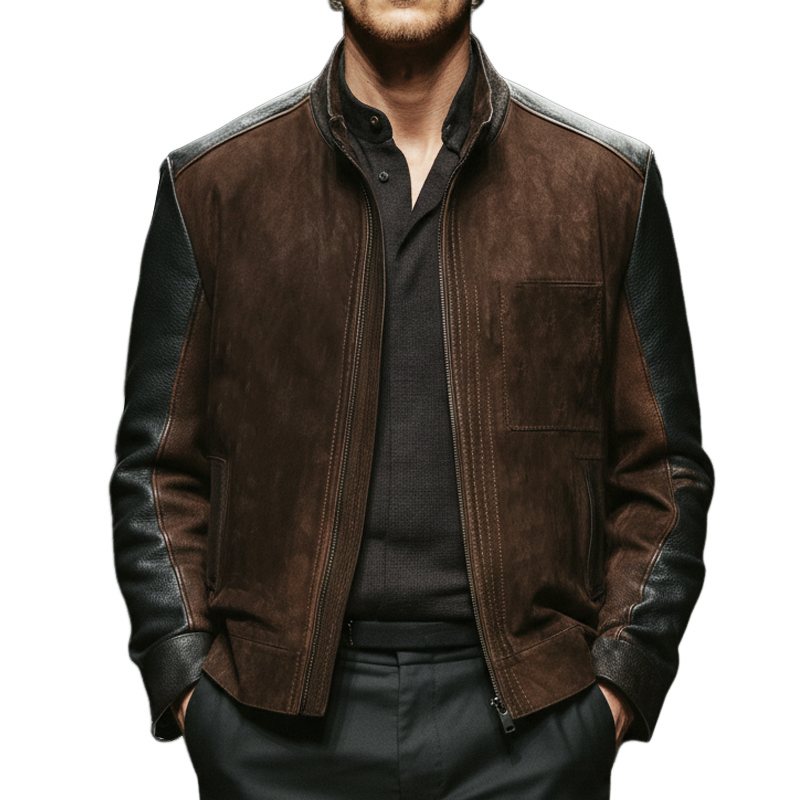 Men's Vintage Suede And PU Leather Stand Collar Jacket MTA2341J5U