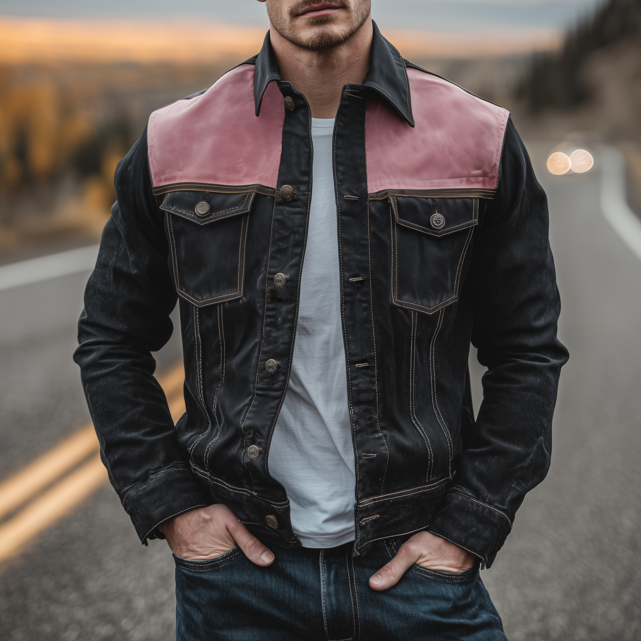 Men's Classic Casual Shoulder Stitching Pink Suede Lapel Denim Jacket MTA2621H3K