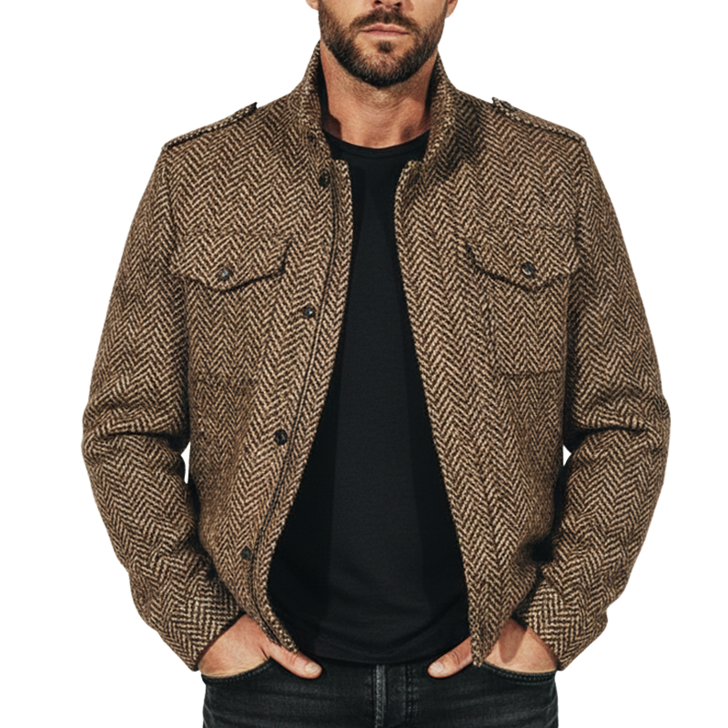 Men's Classic Stand-up Collar Herringbone Faux Wool Zip-up Snap-button Jacket MTA1893K4U
