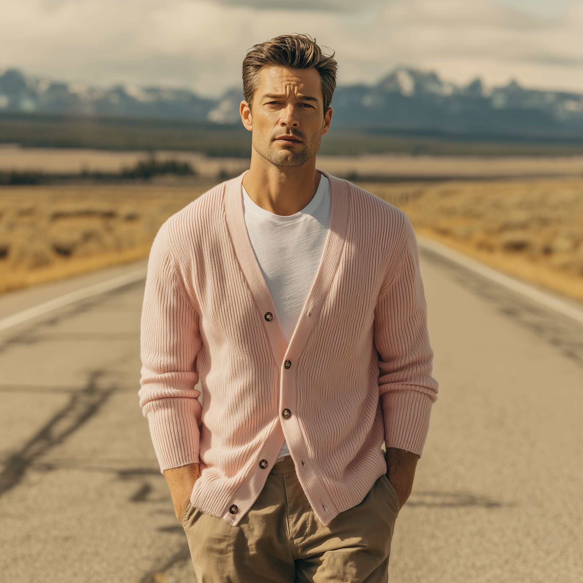 Men's Classic Casual V-neck Pink Knitted Cardigan MTA2964H0K