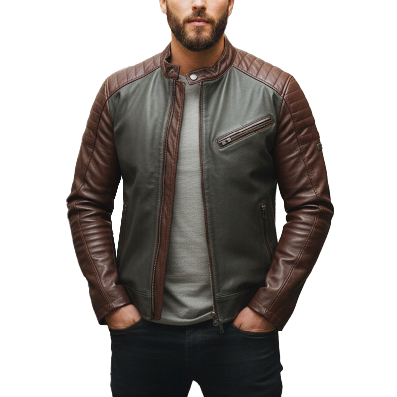 Men's Winter Retro Contrast Color Stitching PU Faux Leather Jacket MTA2182J9P