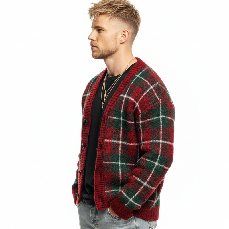 Men's Christmas Color-Blocked Plaid Knit Cardigan MTA1176K9U