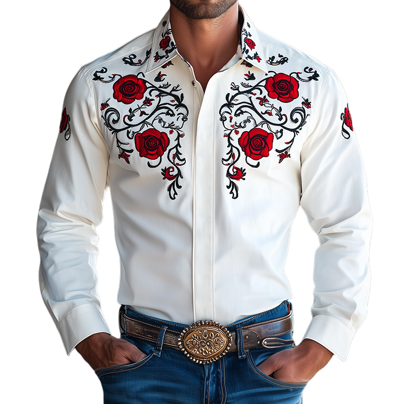 Men's Vintage Embroidered Lapel Long Sleeve Shirt 53893408TO