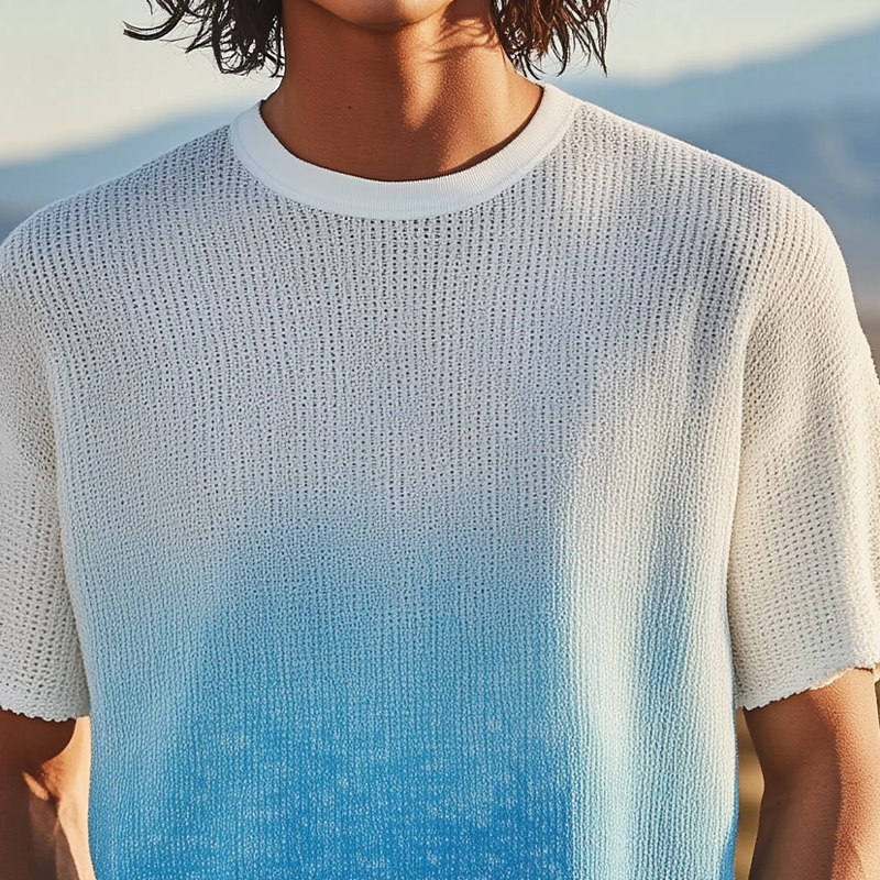 Men's Spring And Summer Fashion Casual Knitted Gradient Hanging Dye Round Neck Short-sleeved T-shirt MTA3043F7K