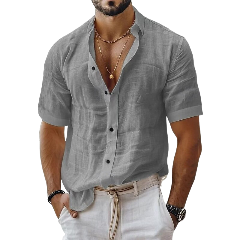 Men's Solid Color Cotton And Linen Short-sleeved Shirt MTA1937G8X