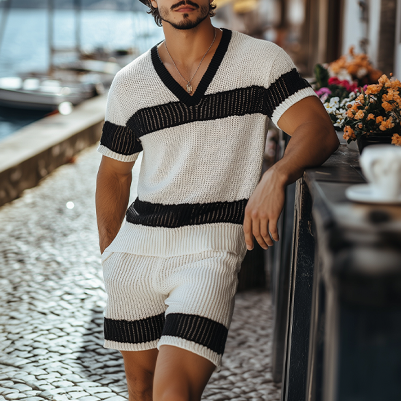 Men's Summer Fashion Casual Black And White Horizontal Striped V-neck Knitted Short-sleeved T-shirt Elastic Waist Shorts Set MTA2665F6K