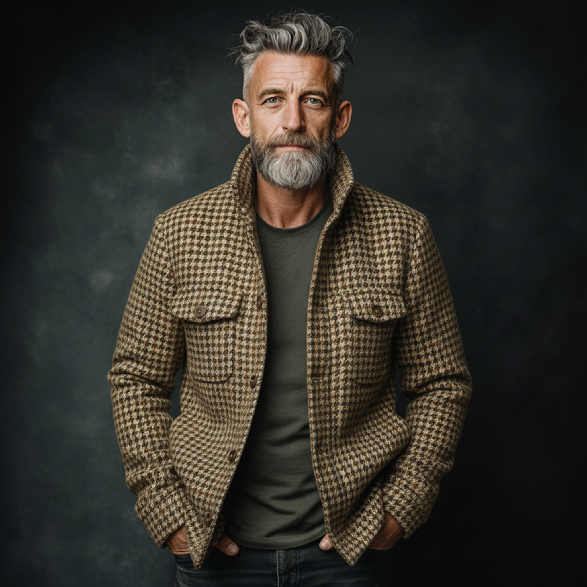Men's Classic Casual Stand-up Collar Faux Houndstooth Multi-pocket Jacket MTA3087I6K