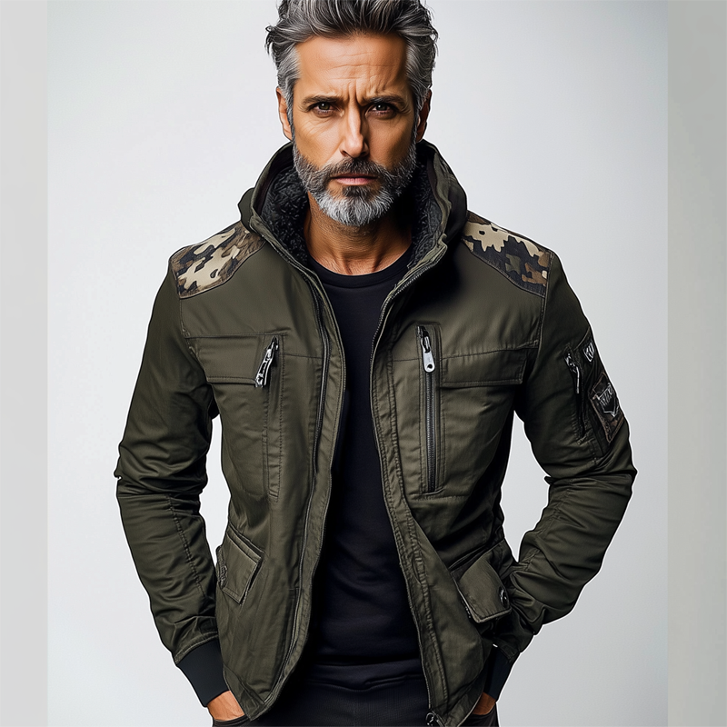 Men's Camouflage Contrast Multi-pocket Hooded Jacket MTA3189G8X