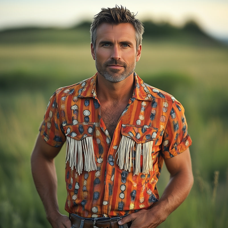 Men's Retro Printed Tassel Short Sleeve Shirt MTA2848D2U
