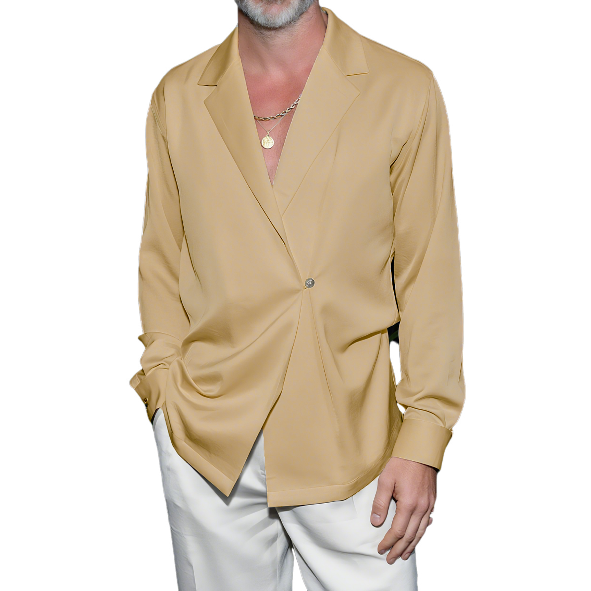 Men's Fashion Casual Satin Blazer Collar Irregular Placket One Button Long Sleeve Shirt MTA2186G8K