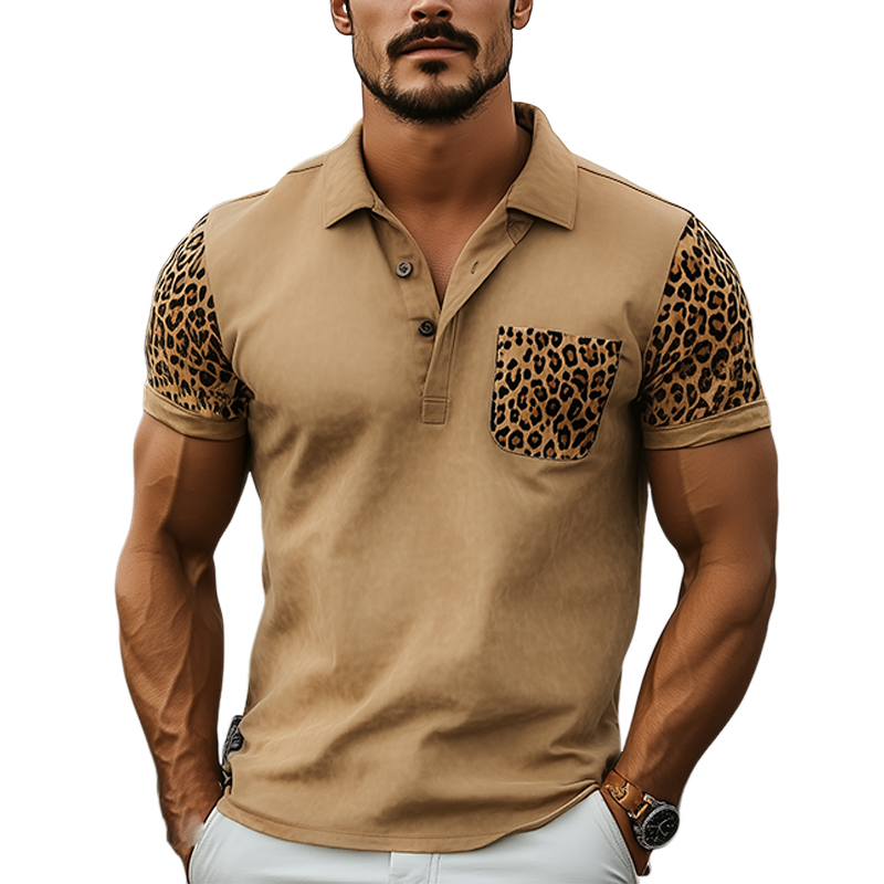 Men's New Spring And Summer Fashion Classic Retro Western Cowboy Style Suede Stitching Leopard Print Slim Short-Sleeved Polo Shirt MTA0982E3K