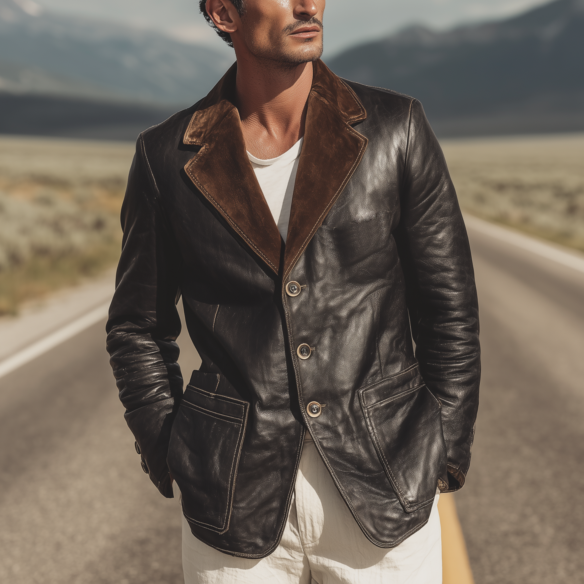 Men's Classic Retro Western Cowboy Style Suede Collar Single-breasted PU Leather Blazer MTA0888H7K