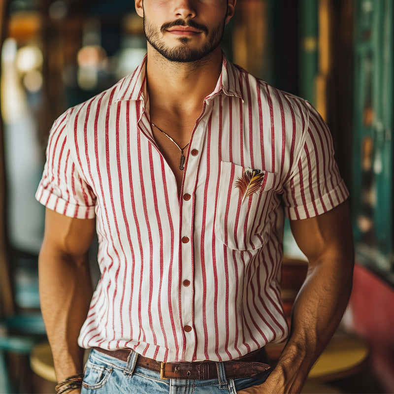 Men's Red Vertical Stripe Embroidered Short Sleeve Shirt MTA1045E5U
