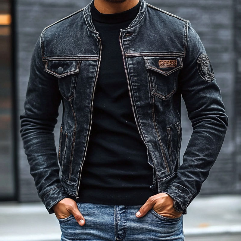 Men's Vintage Washed Baseball Collar Slim Fit Denim Jacket MTA1993H5X
