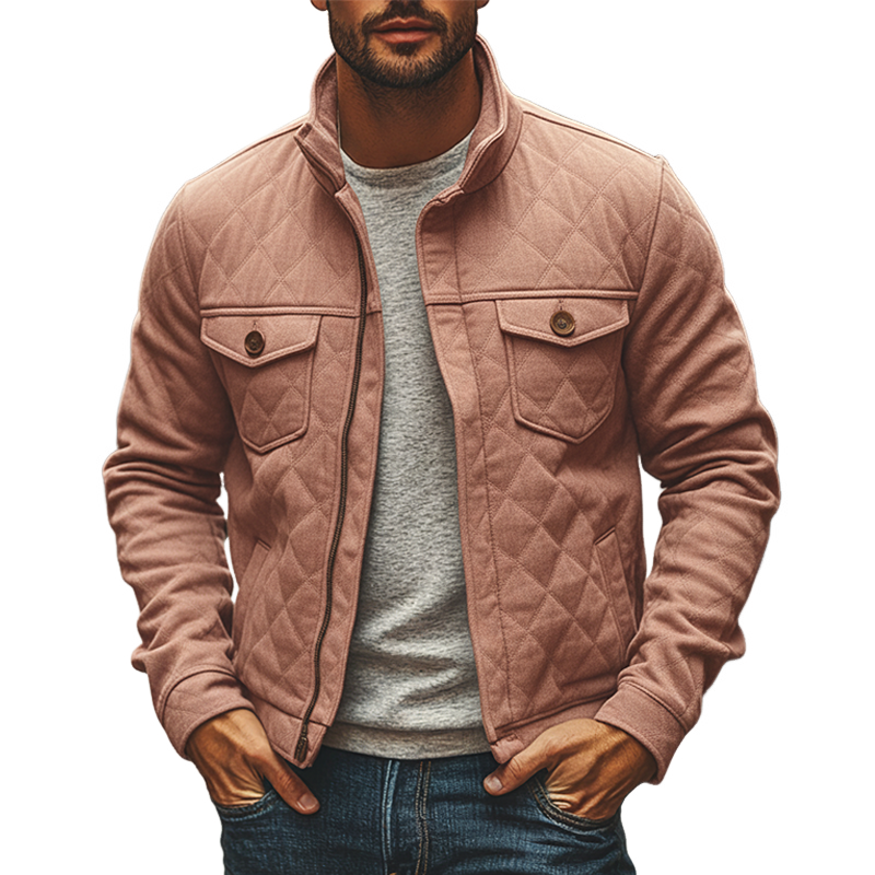 Men's Solid Color Cotton Blend Quilted Stand Collar Zip-up Jacket MTA0119K0X