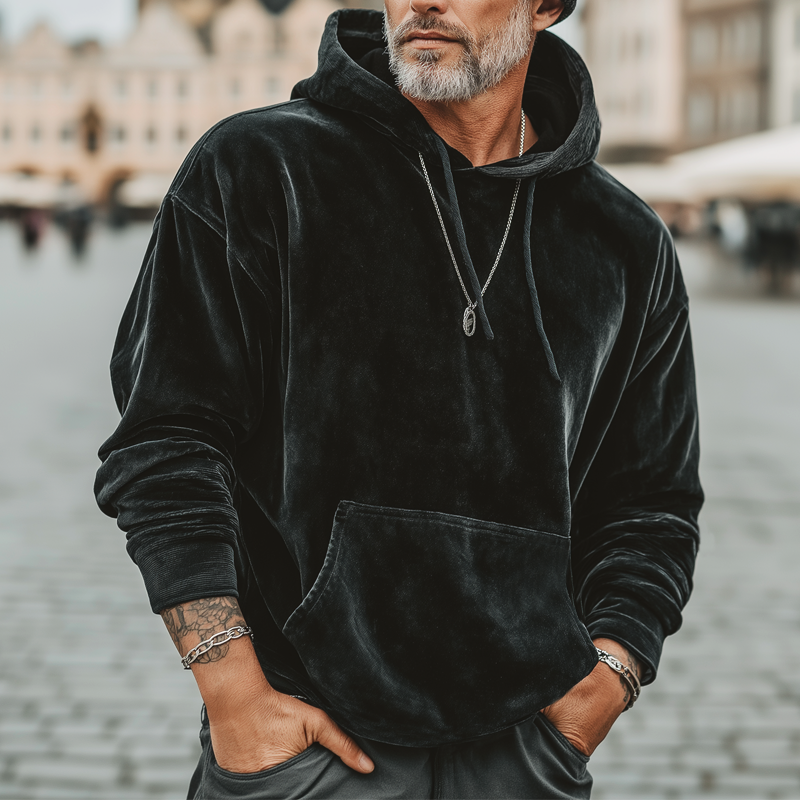 Men's Classic Minimalist Black Velvet Hooded Sweatshirt MTA2912L3U